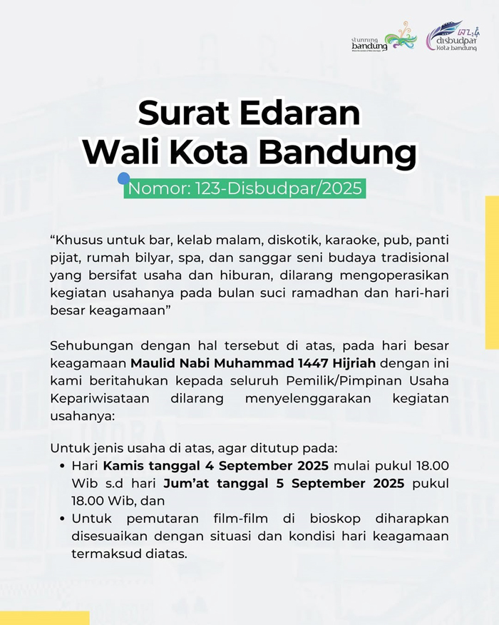 Pemkot Bandung Larang Tempat Hiburan Beroperasi Saat Peringatan Maulid Nabi Muhammad